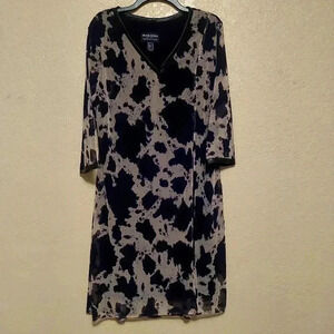 Frank Lyman Black & Beige Print Knee Length Dress Size 14 Faux Leather Trim